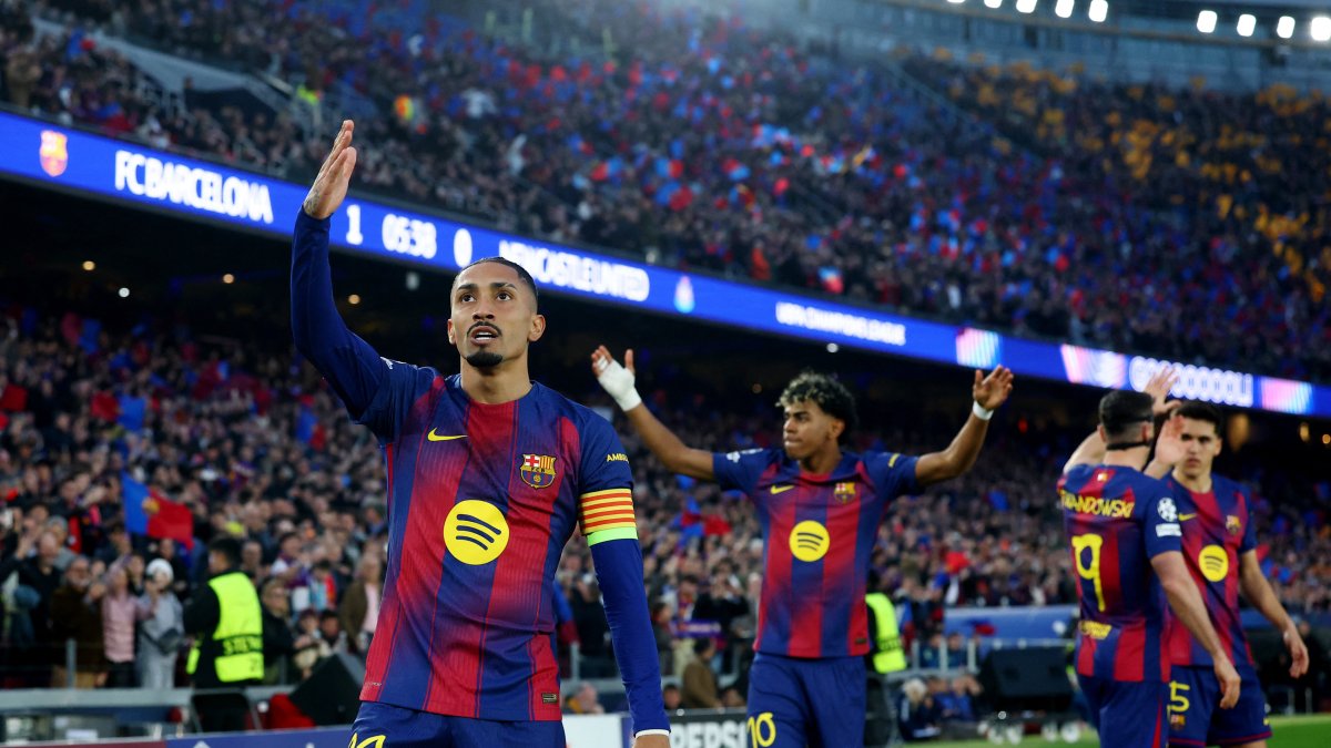 Barcelona's Raphinha celebrates after scoring the team's first goal during the UEFA Champions League round of 16 second-leg match against Newcastle United at Spotify Camp Nou, Barcelona, Spain, March 18, 2026. (AFP Photo)
