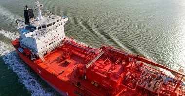 A view of the Arrhenius tanker, designed for transporting liquefied natural gas, leaves Antwerp Chemical harbour, Hansweert, The Netherlands, March 15, 2026. (EPA Photo)