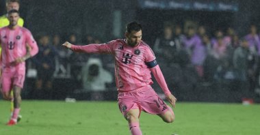 Inter Miami's Lionel Messi shoots during the CONCACAF Champions Cup round of 16 second-leg match against Nashville SC at Chase Stadium, Fort Lauderdale, U.S., March 18, 2026. (AFP Photo)
