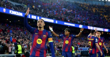 Barcelona's Raphinha celebrates after scoring the team's first goal during the UEFA Champions League round of 16 second-leg match against Newcastle United at Spotify Camp Nou, Barcelona, Spain, March 18, 2026. (AFP Photo)
