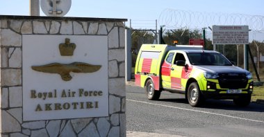 A car drives out of the entrance of RAF Akrotiri as the conflict in the Middle East intensifies, British sovereign base, island of Cyprus, March 5, 2026. (Reuters Photo)