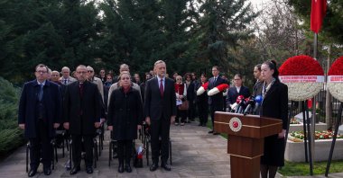 Turkish officials and members of foreign missions attend a commemoration ceremony at the Foreign Ministry Martyrs’ Cebeci Asri Cemetery, Ankara, Türkiye, March 18, 2026. (AA Photo)