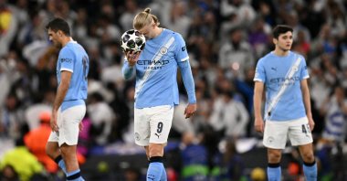 Manchester City's Erling Haaland reacts after the team conceded a penalty during the UEFA Champions League, round of 16 second leg football match between Manchester City and Real Madrid at the Etihad Stadium, Manchester, U.K., March 17, 2026. (AFP Photo)