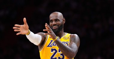 Los Angeles Lakers’ LeBron James reacts during the third quarter against the Miami Heat at Kaseya Center, Miami, U.S., March 19, 2026. (AFP Photo)
