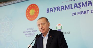 President Recep Tayyip Erdoğan speaks during a holiday greeting event with citizens at the Kültür Park Golden Hall, Rize, Türkiye, March 20, 2026. (AA Photo)