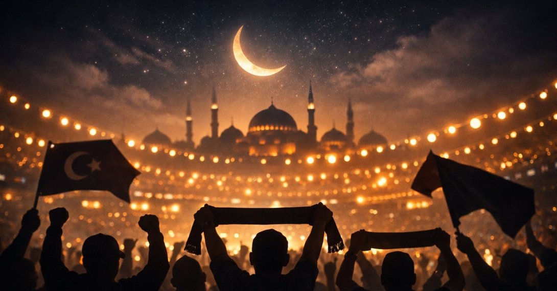 An AI-generated illustration of a silhouette of passionate fans holding scarves and waving Turkish flags against the backdrop of a grand mosque and a crescent moon depicting Eid celebrations. (Daily Sabah)