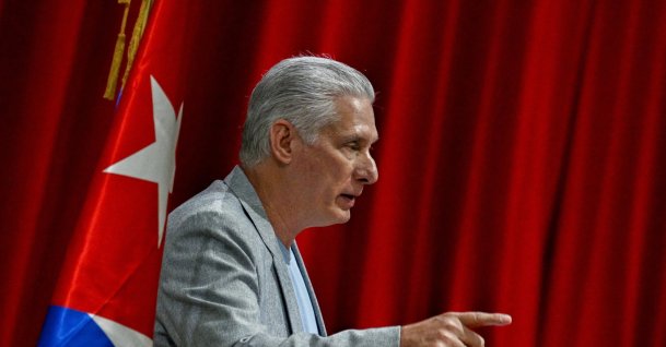 Cuba's President Miguel Diaz‑Canel speaks during a meeting with members of the Nuestra America Convoy which arrived to the island with humanitarian aid at the Palacio de Convenciones, Havana, Cuba, March 20, 2026. (Reuters Photo)