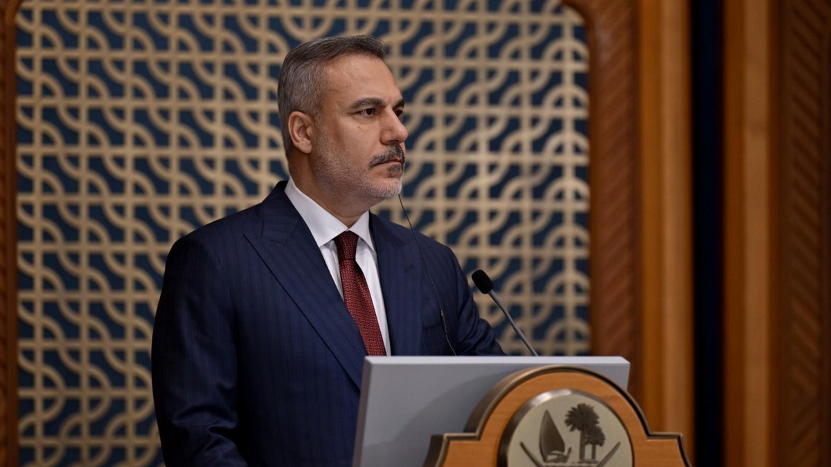 Foreign Minister Hakan Fidan attends a news conference, Doha, Qatar, March 19, 2026. (AA Photo)
