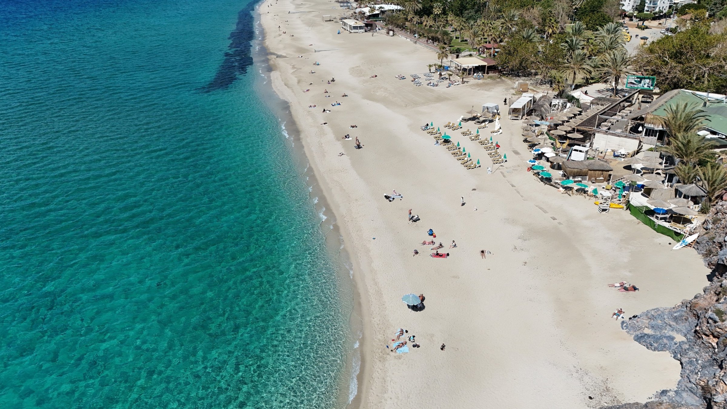 An aerial view of a beach in the Alanya district, in the popular tourism hub Antalya, Türkiye, March 12, 2026. (IHA Photo)