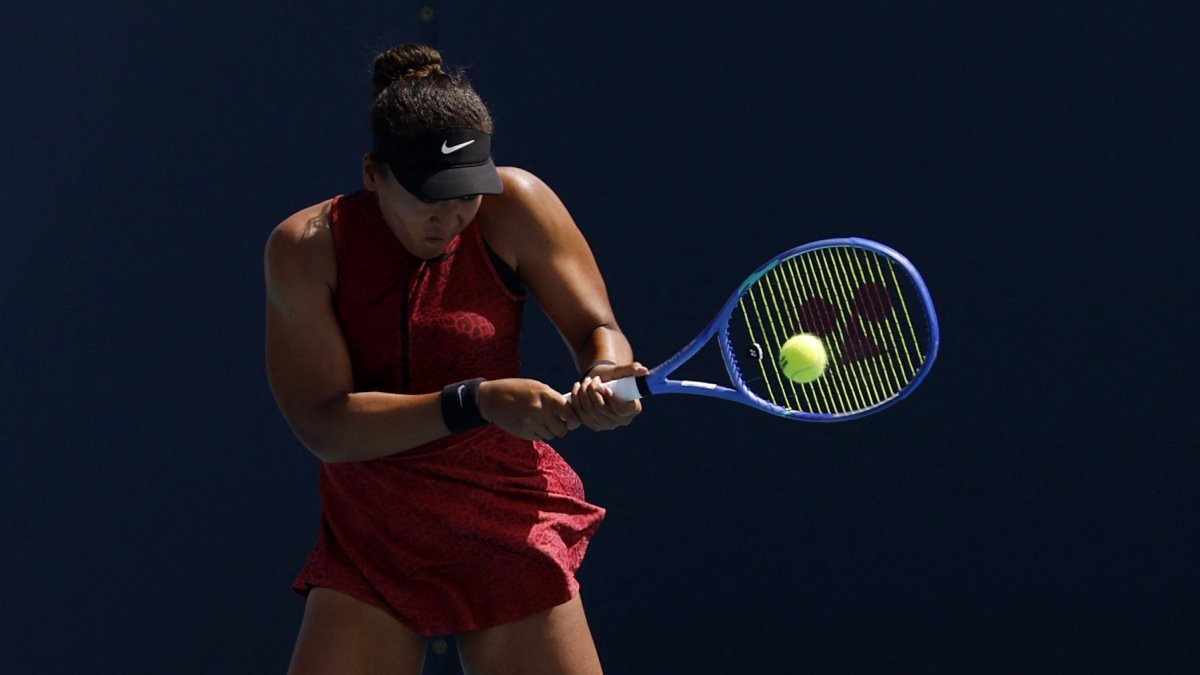 Naomi Osaka hits a backhand against Talia Gibson on day five of the 2026 Miami Open at Hard Rock Stadium, Miami Gardens, U.S., March 21, 2026. (Reuters Photo)