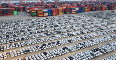 This aerial photo shows Volvo vehicles awaiting export at the port, Nanjing, China, March 10, 2026. (AFP Photo)