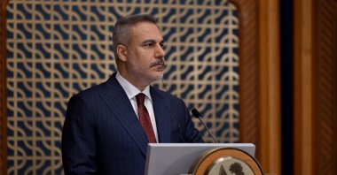 Foreign Minister Hakan Fidan attends a news conference, Doha, Qatar, March 19, 2026. (AA Photo)