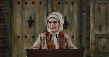 First lady Emine Erdoğan speaks during a meeting with representatives of associations and foundations she serves as honorary president, Istanbul, Türkiye, Feb. 28, 2026. (AA Photo)