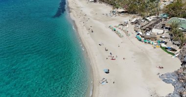 An aerial view of a beach in the Alanya district, in the popular tourism hub Antalya, Türkiye, March 12, 2026. (IHA Photo)