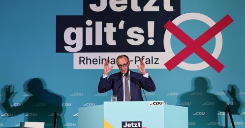 German Chancellor Friedrich Merz speaks during a campaign event of the CDU party for the state election of Rhineland-Platinate in Bad Duerkheim, Germany, March 20, 2026. (EPA Photo)