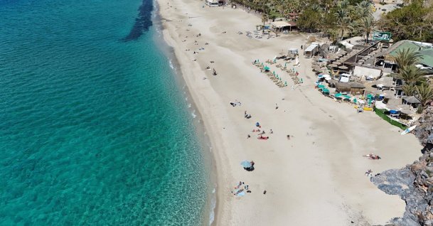 An aerial view of a beach in the Alanya district, in the popular tourism hub Antalya, Türkiye, March 12, 2026. (IHA Photo)