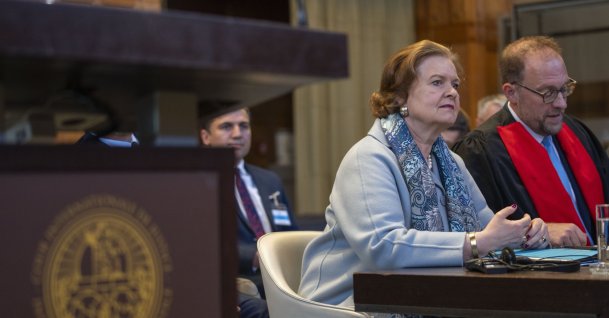 Tania von Uslar-Gleichen, Germany's legal adviser (L), and member of Germany's legal team, Christian J. Tams (R) wait for judges to enter the International Court of Justice where the court is ruling on a request by Nicaragua to order Germany to halt military aid to Israel, arguing that Berlin's support enables acts of genocide, in The Hague, Netherlands, April 30, 2024. (AP File Photo)