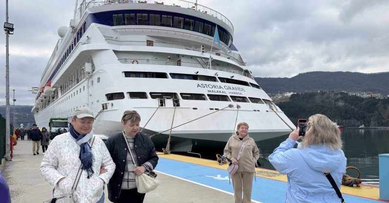 A cruiser named "Astoria Grande" coming from Russia's Sochi is seen docked at a port, Amasra, northern Türkiye, March 13, 2026. (AA Photo)