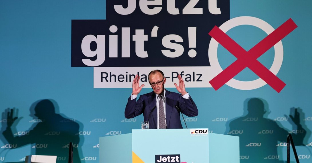 German Chancellor Friedrich Merz speaks during a campaign event of the CDU party for the state election of Rhineland-Platinate in Bad Duerkheim, Germany, March 20, 2026. (EPA Photo)