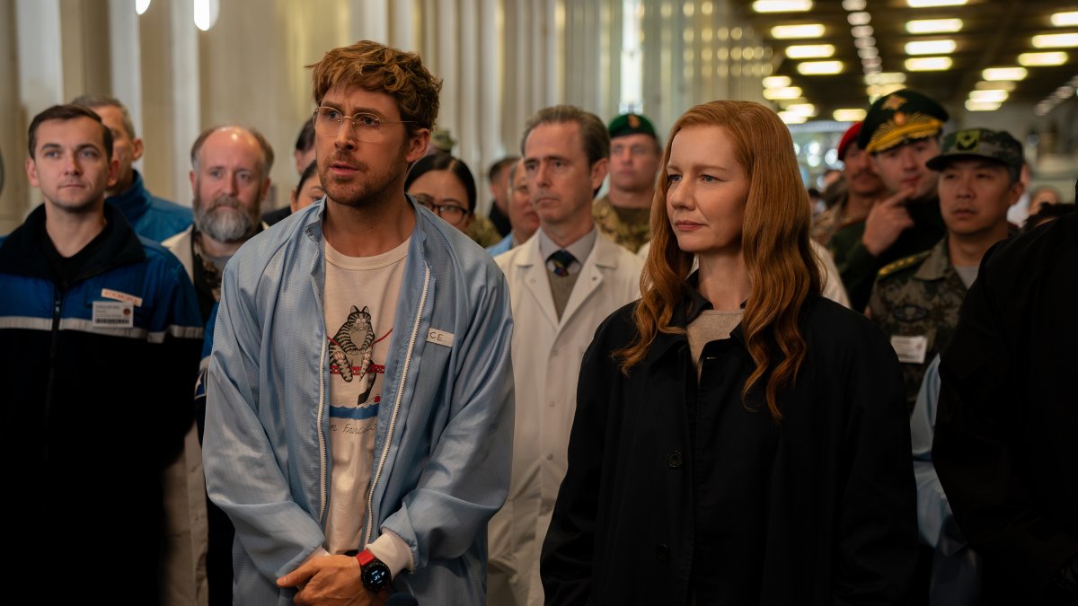 This image released by Amazon MGM Studios shows Ryan Gosling, left, and and Sandra Hüller in a scene from "Project Hail Mary." (AP Photo)