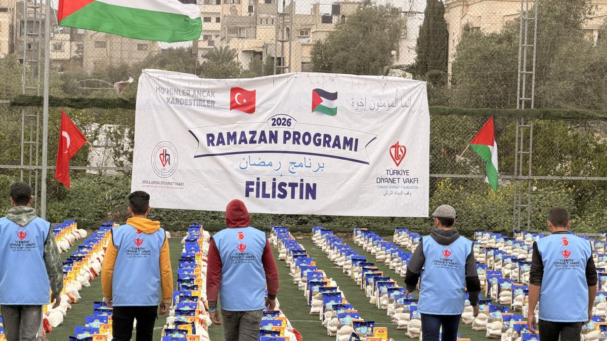 Ramadan aid packages stacked and ready for distribution to families in Gaza, Palestine, Feb. 17, 2026. (AA Photo) 