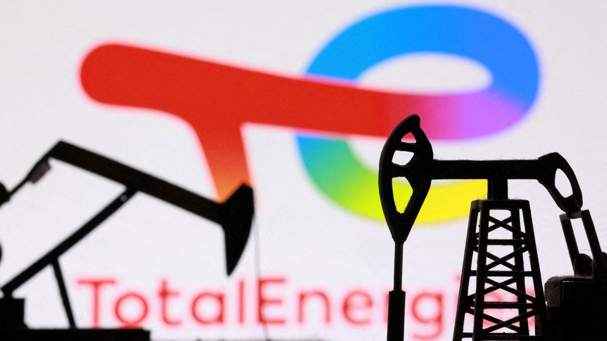 3D-printed oil pump jacks and the TotalEnergies logo appear in this illustration taken March 2, 2026. (Reuters Photo)