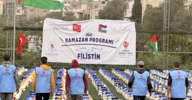Ramadan aid packages stacked and ready for distribution to families in Gaza, Palestine, Feb. 17, 2026. (AA Photo) 