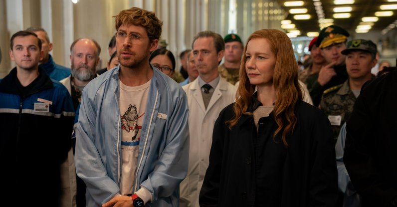 This image released by Amazon MGM Studios shows Ryan Gosling, left, and and Sandra Hüller in a scene from "Project Hail Mary." (AP Photo)