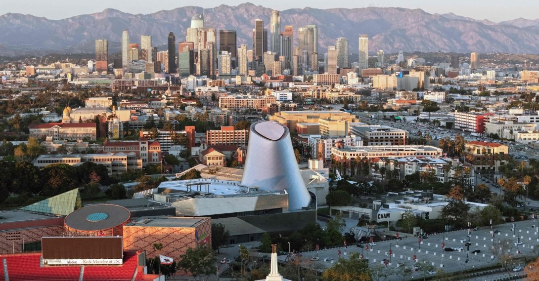 Aerial view of the Los Angeles Memorial Coliseum and the under-construction Samuel Oschin Air and Space Center in Exposition Park, Los Angeles, U.S., March 5, 2026. (AFP Photo)

