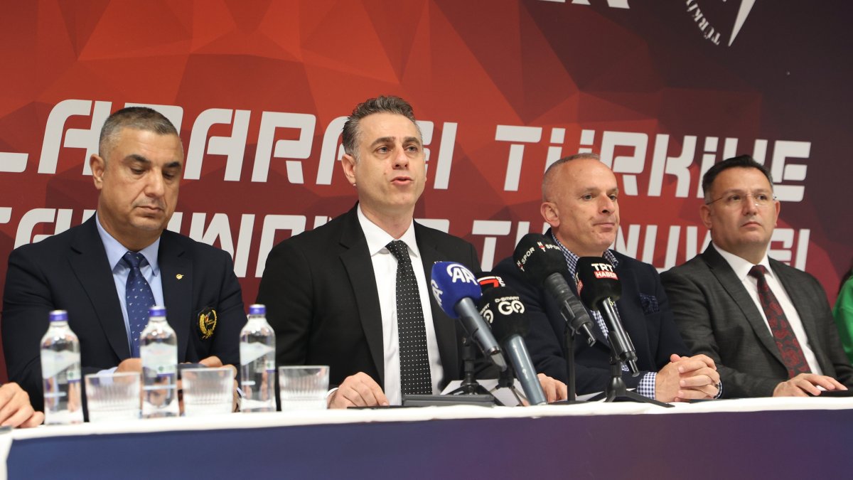 Türkiye Taekwondo Federation President Bahri Tanrıkulu (2nd L) holds a press conference at Antalya Sports Hall ahead of the 13th International Türkiye Open Taekwondo Tournament, Antalya, Türkiye, March 23, 2026. (AA Photo)