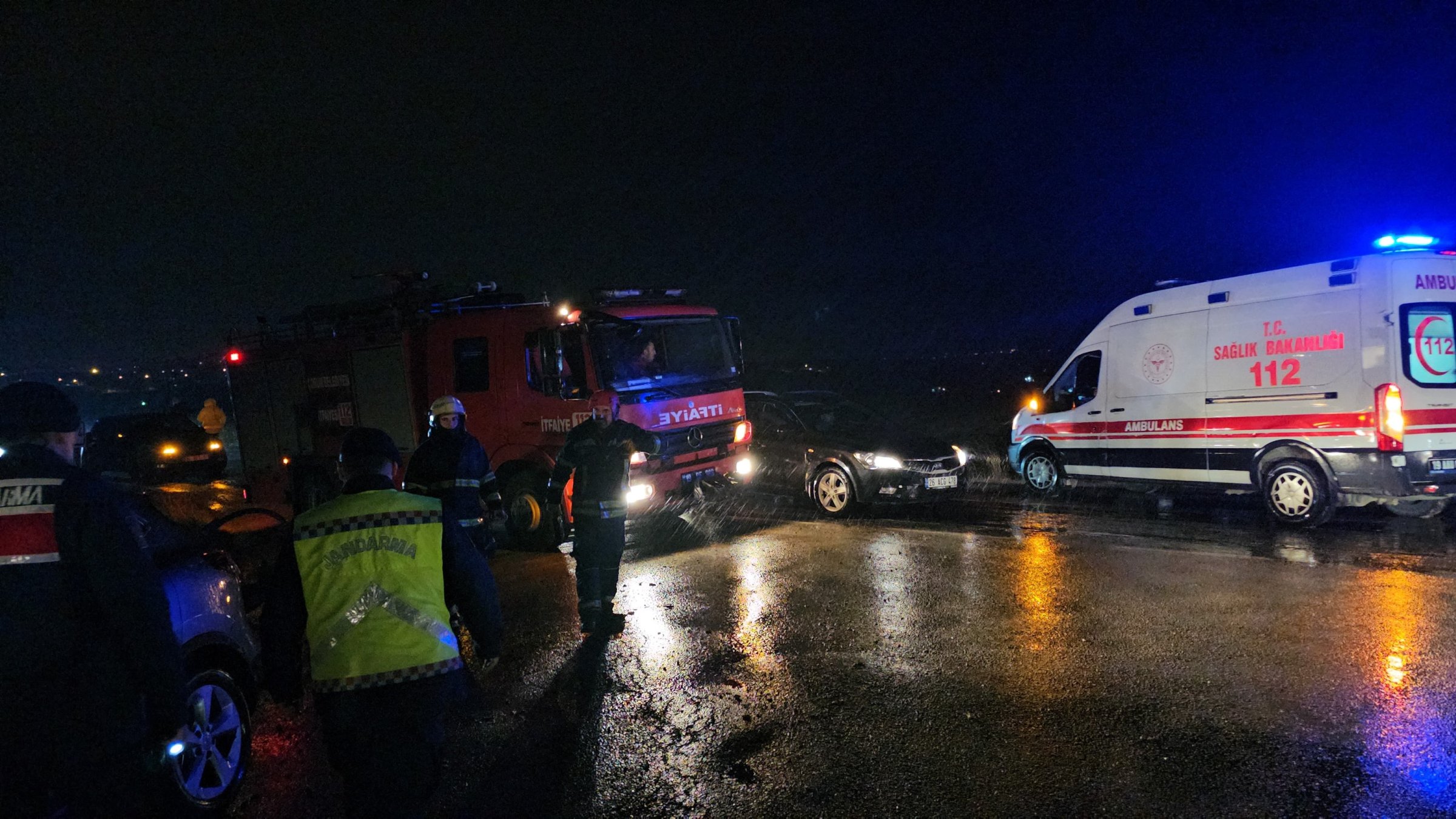 Ambulances and fire trucks are at a collision site, which left six people injured, Çorum, Türkiye, March 21, 2026. (AA Photo)