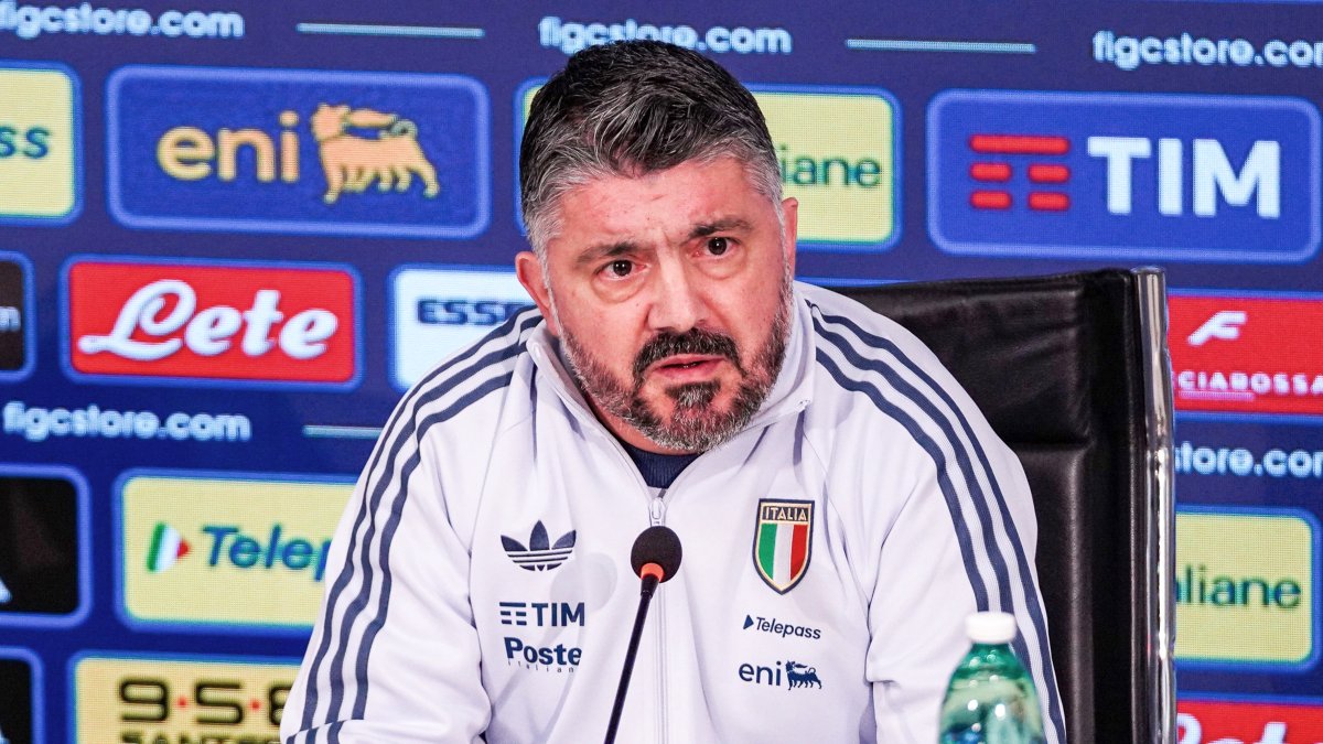 Italy's head coach Gennaro Gattuso gestures during the Italian team press conference, Florence, Italy, March 23, 2026. (AP Photo)
