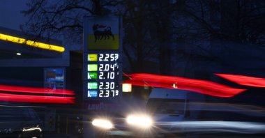The display shows fuel prices at a petrol station, Munich, Germany, March 23, 2026. (EPA Photo)