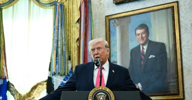 U.S. President Donald Trump speaks during a swearing in ceremony for new Homeland Security Secretary Markwayne Mullin in the Oval Office of the White House in Washington, D.C., March 24, 2026. (AFP Photo)