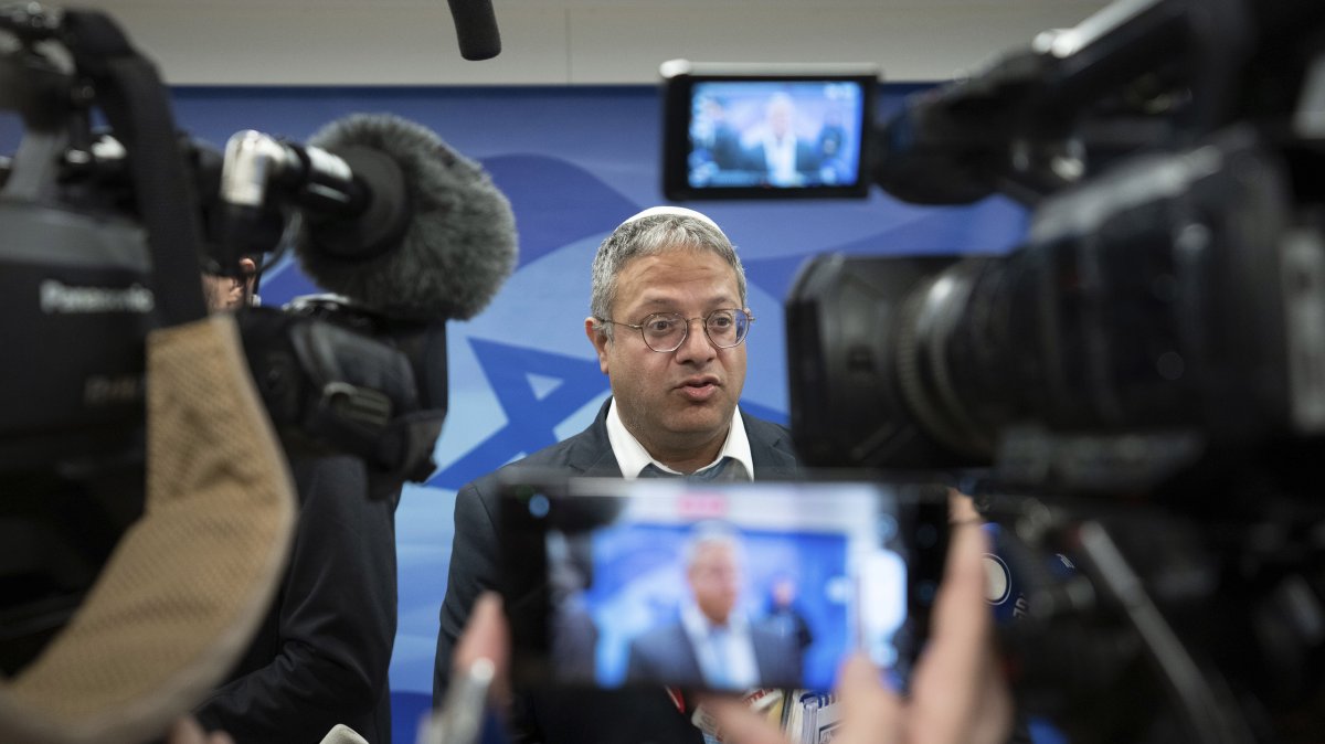 Israeli Minister of National Security Itamar Ben-Gvir talks to reporters ahead of the weekly Cabinet meeting, west Jerusalem, Israel, Feb. 12, 2023. (AP Photo)