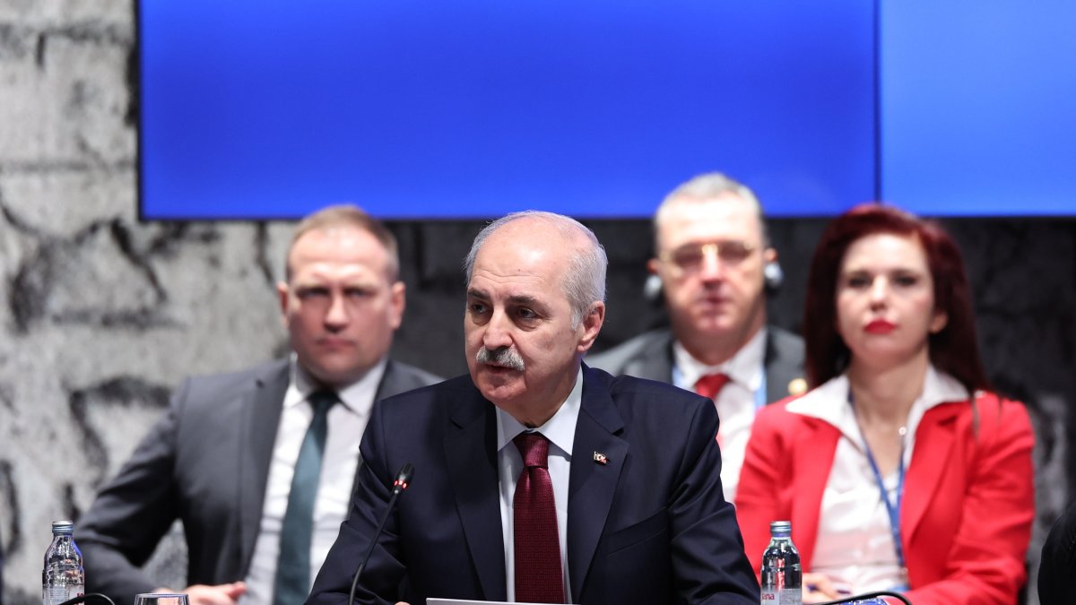 Parliament Speaker Numan Kurtulmus speaks at the Three Seas Initiative Parliamentary Summit hosted by the Croatian Parliament at the National and University Library, Zagreb, Croatia, March 25, 2026. (AA Photo)