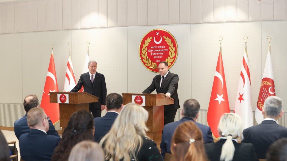 TRNC Parliament Speaker Ziya Öztürkler (R) holds a news conference with Hulusi Akar, who chairs the Turkish Parliament's National Defense Commission, Lefkoşa (Nicosia), TRNC, March 25, 2026. (AA Photo)