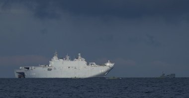 The Turkish navy's TCG Anadolu provides support during an amphibious landing operation conducted by the Allied Reaction Force during NATO-led military exercises, Putlos, Germany, Feb. 18, 2026. (AP Photo)