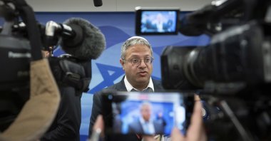 Israeli Minister of National Security Itamar Ben-Gvir talks to reporters ahead of the weekly Cabinet meeting, west Jerusalem, Israel, Feb. 12, 2023. (AP Photo)
