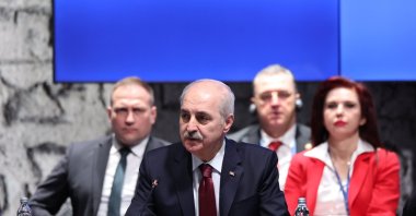 Parliament Speaker Numan Kurtulmus speaks at the Three Seas Initiative Parliamentary Summit hosted by the Croatian Parliament at the National and University Library, Zagreb, Croatia, March 25, 2026. (AA Photo)