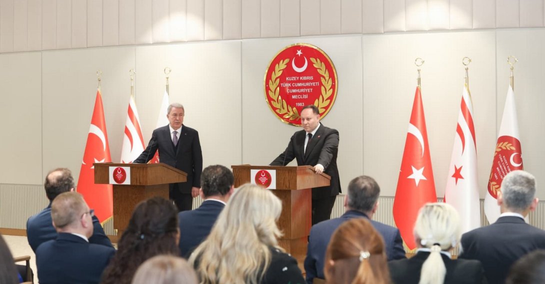 TRNC Parliament Speaker Ziya Öztürkler (R) holds a news conference with Hulusi Akar, who chairs the Turkish Parliament's National Defense Commission, Lefkoşa (Nicosia), TRNC, March 25, 2026. (AA Photo)