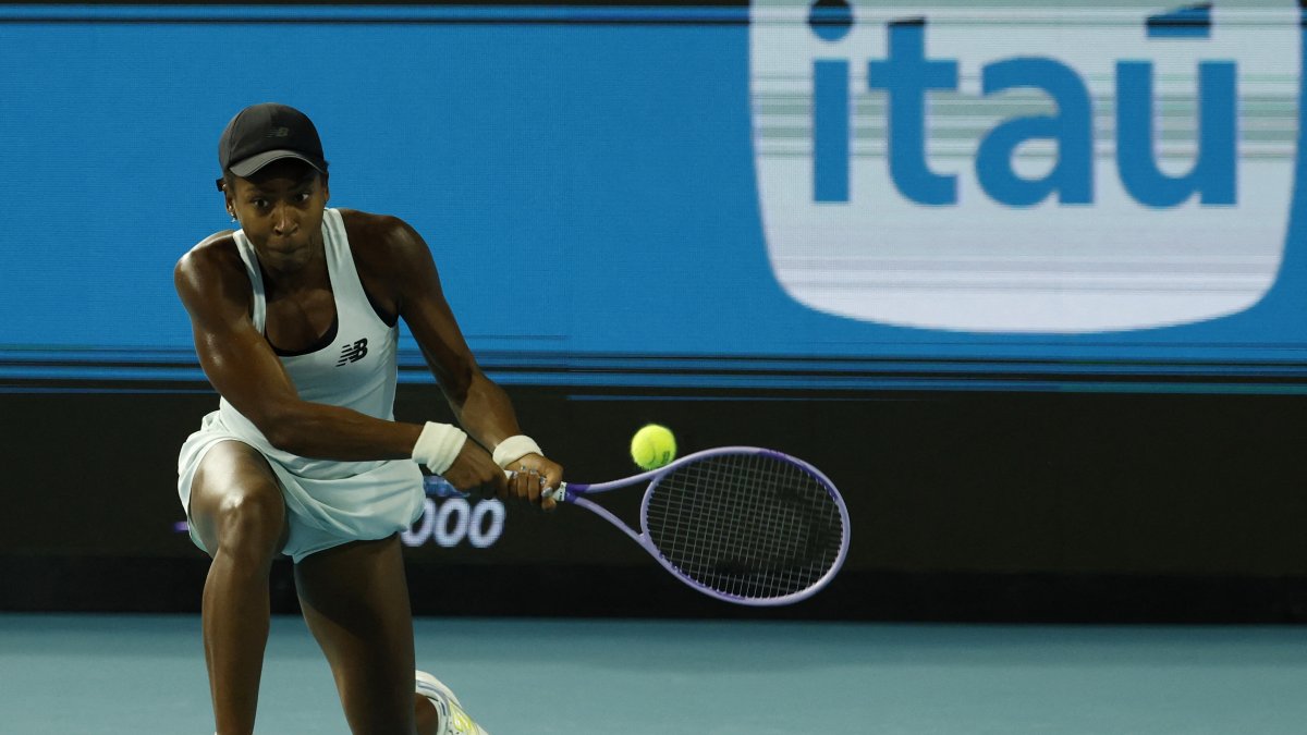 Coco Gauff hits a backhand against Belinda Bencic on day eight of the 2026 Miami Open at Hard Rock Stadium, Miami Gardens, U.S., March 24, 2026. (Reuters Photo)
