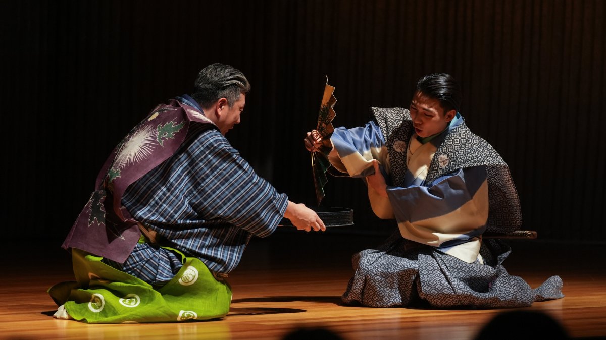 A Kyougen performance takes place on stage at the Turkish-Japanese Foundation Cultural Center, Ankara, Türkiye, March 24, 2026. (AA Photo)