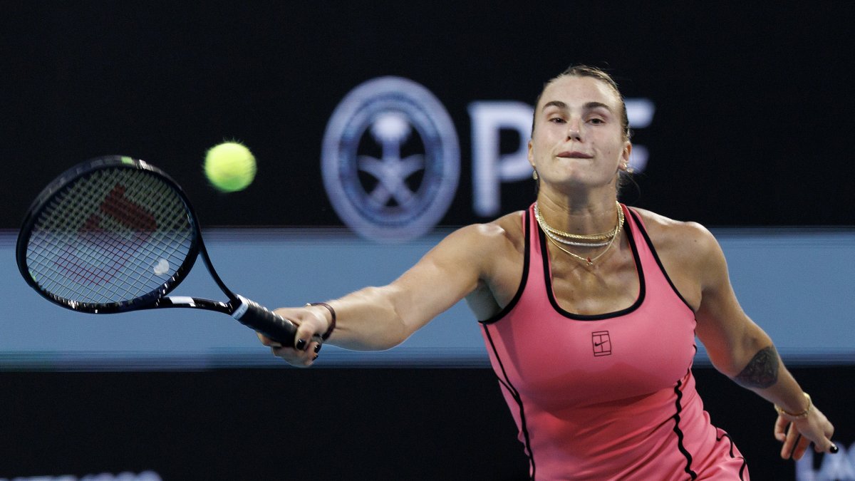 Aryna Sabalenka in action against Hailey Baptiste during their Women's Quarterfinal match at the 2026 Miami Open tennis tournament, Miami, U.S., March 25, 2026. (EPA Photo)