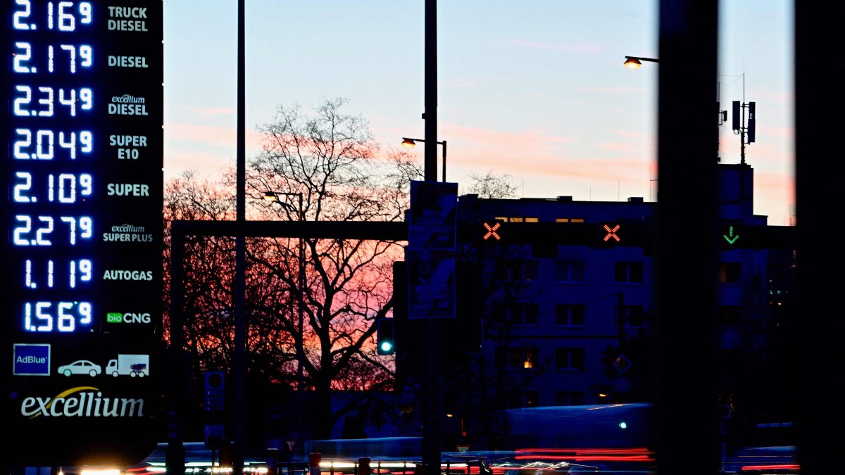 A photo shows a display with the prices for petrol and other fuel at a petrol station, Berlin, Germany, March 17, 2026. (AFP Photo)