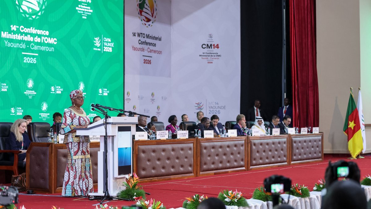 The World Trade Organization (WTO) Director-General Ngozi Okonjo-Iweala speaks during the WTO ministerial conference in Yaounde, March 26, 2026. (AFP Photo)