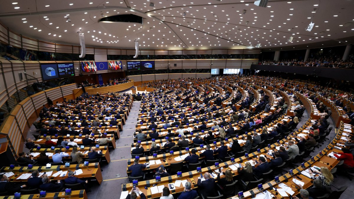 Members of the European Parliament attend a plenary session in Brussels, Belgium, March 26, 2026. (Reuters Photo)