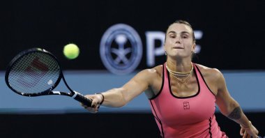 Aryna Sabalenka in action against Hailey Baptiste during their Women's Quarterfinal match at the 2026 Miami Open tennis tournament, Miami, U.S., March 25, 2026. (EPA Photo)