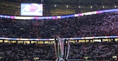 A giant AFC Asian Cup trophy is displayed inside the stadium before the AFC Asian Cup final match between Jordan and Qatar at Lusail Stadium, Lusail, Qatar, Feb. 10, 2024. (Reuters Photo)