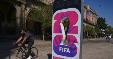 A cyclist rides past an installation promoting the FIFA World Cup 2026, Guadalajara, Mexico, Feb. 25, 2026. (AP Photo)